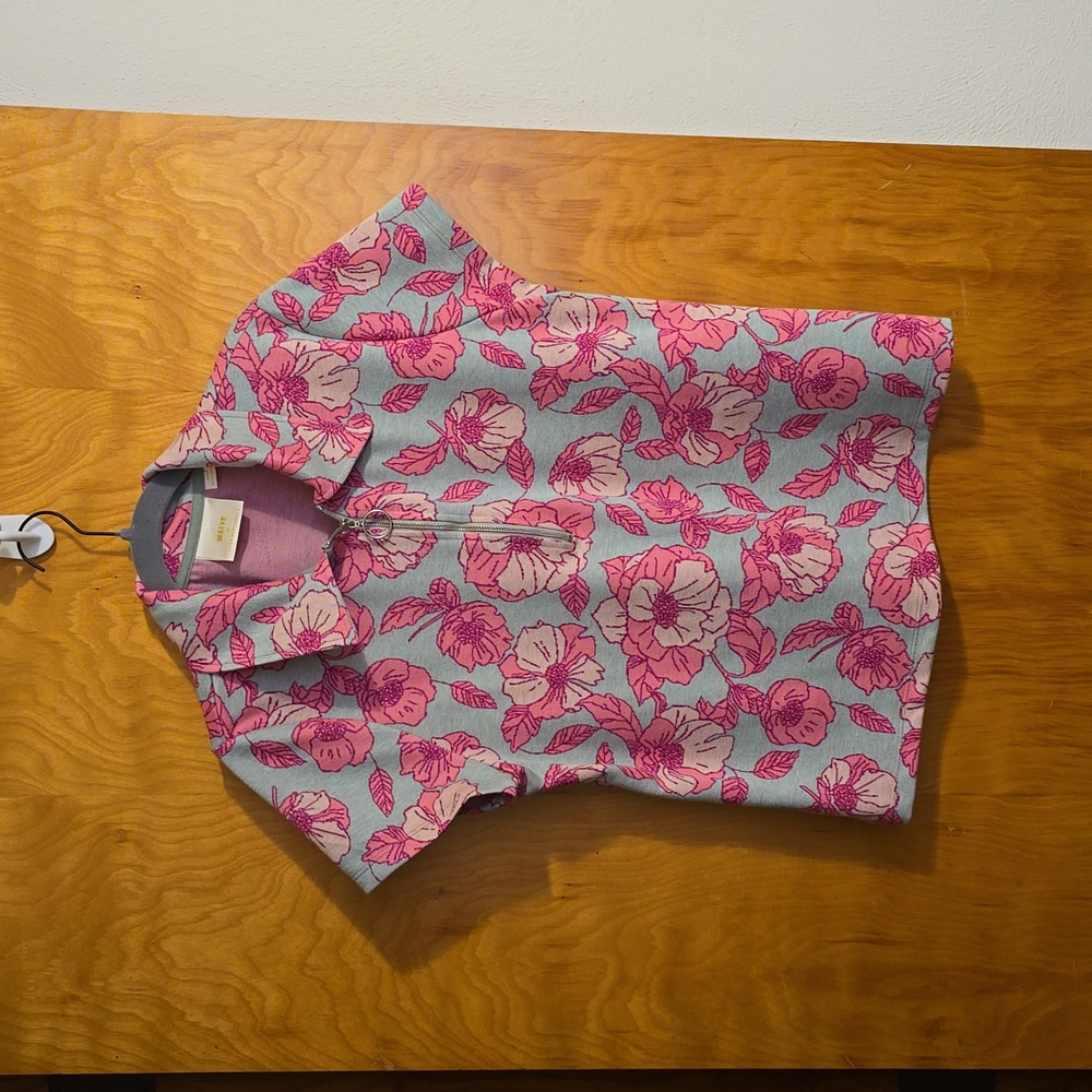 Maeve Pink Floral Zip Polo Tee on Light Blue